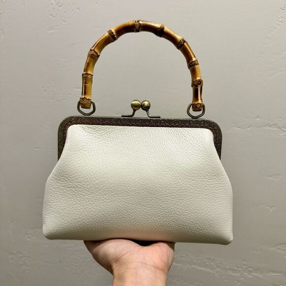 Handsewn Genuine Pebble Leather Real Bamboo Handle Bag - Picture 1 of 13